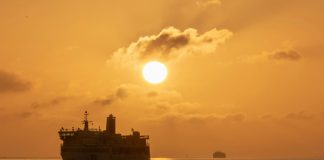 cruise ship at sunset