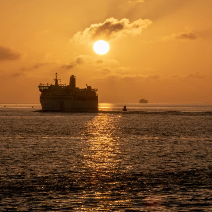 cruise ship at sunset